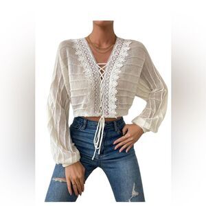 Boho Cream Lightweight Long Sleeve Top Lace Up Gauze With Crochet Trim Sz L